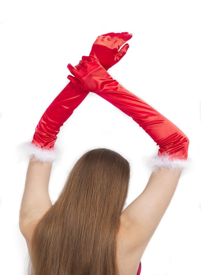 sodknow Long Red Satin Gloves with Feathers Women Costume Long Red Gloves Elbow Length for Opera Halloween Christmas Outfits Cosplay 1920s Gatsby Party Masquerade Balls Formal Evening Vintage Flapper Dress up - Image 1